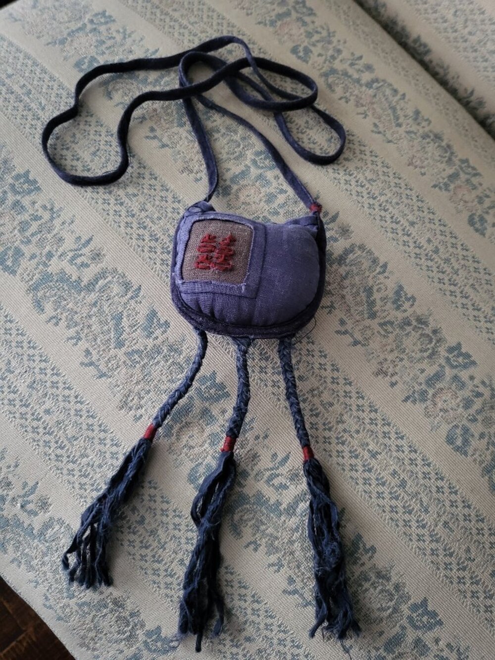 Boho Blue Linen Cotton Embroidered Amulet Pouch Necklace Talisman